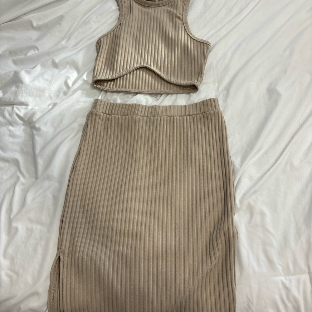 Ribbed Tan Skirt Set
